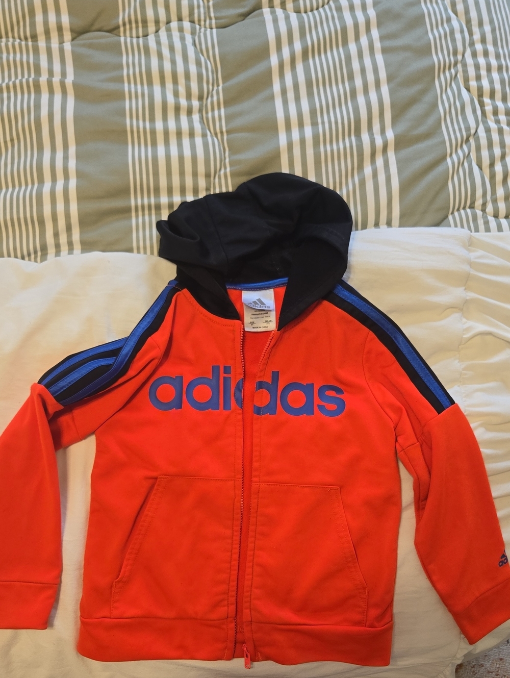 Adidas Kids Red Hoodie Jacket with Blue Logo & Stripes